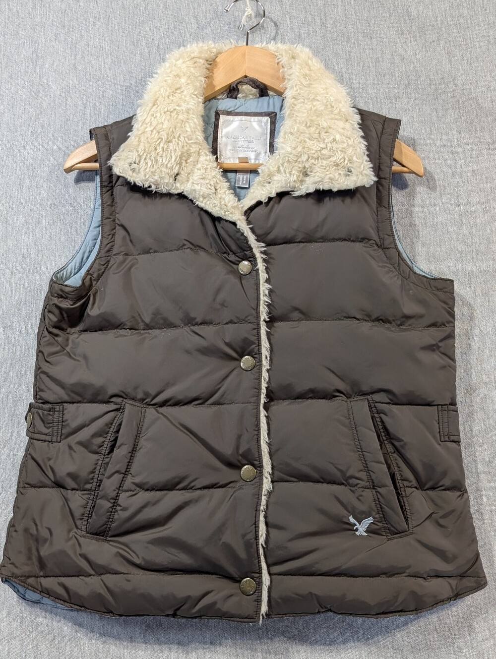 American Eagle Down Fill Puffer Vest Women's Medium Brown Sherpa Collar